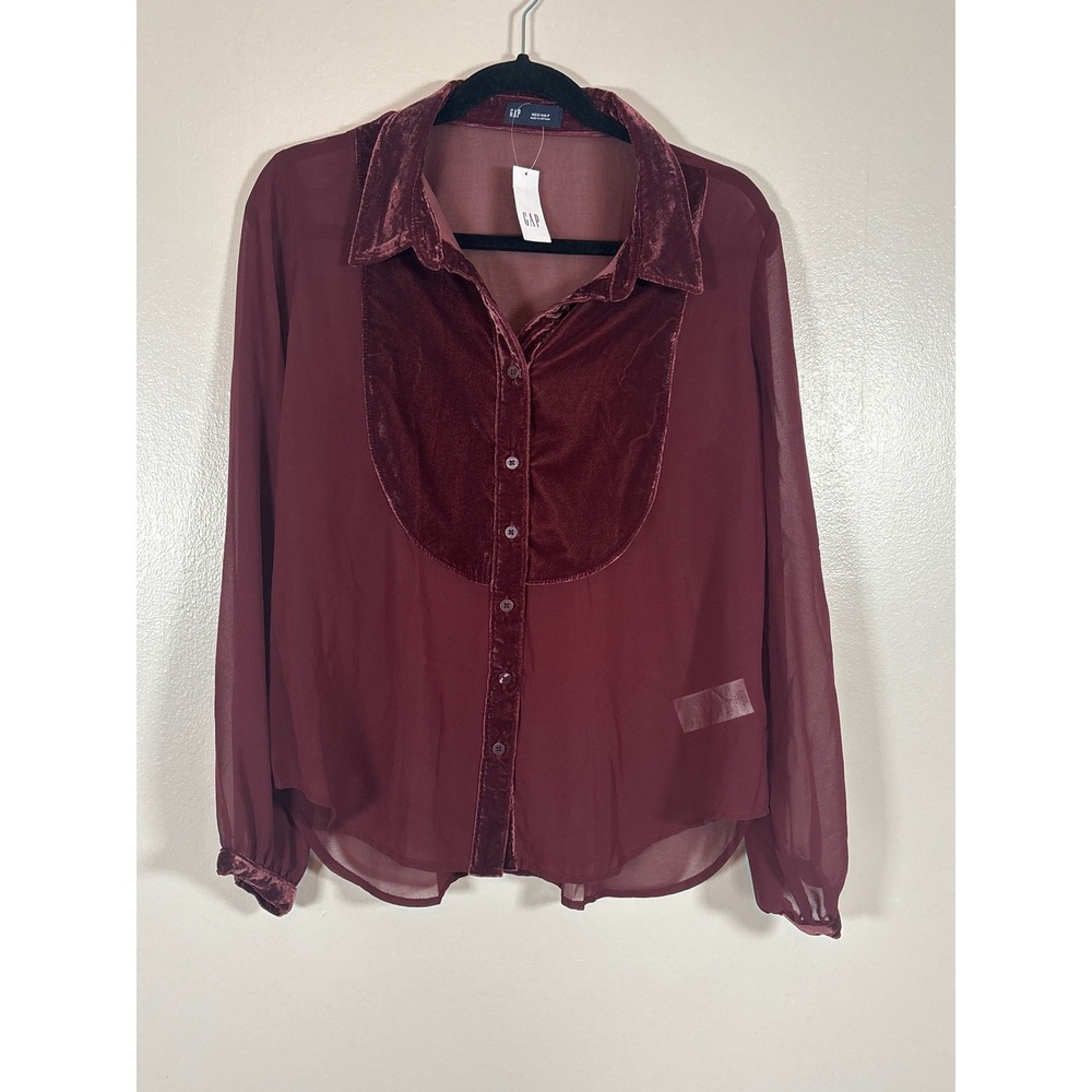 GAP Perfect Shirt Womens Medium Petite Burgundy Red Velvet Bib Sheer Blouse NEW